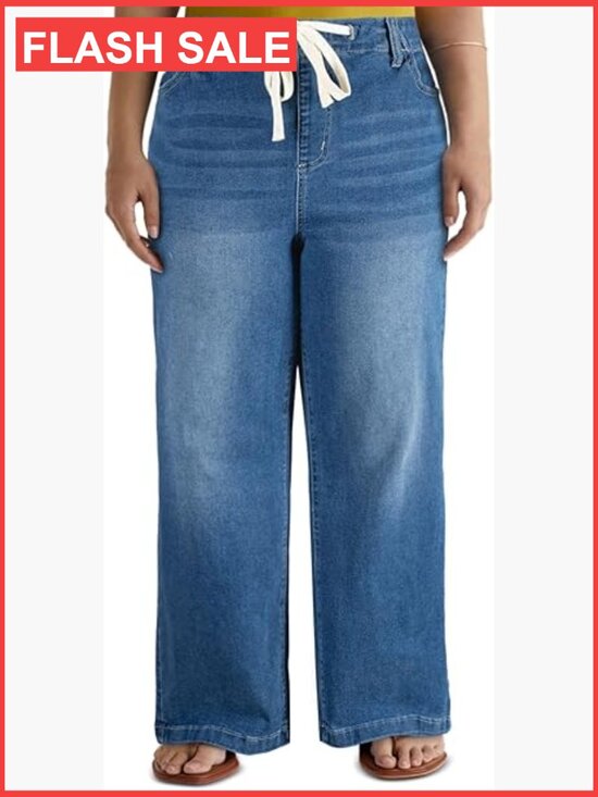 Denim - Plus Size Wide Leg Jeans Elastic Waist Drawstring Stretchy Denim Pants with